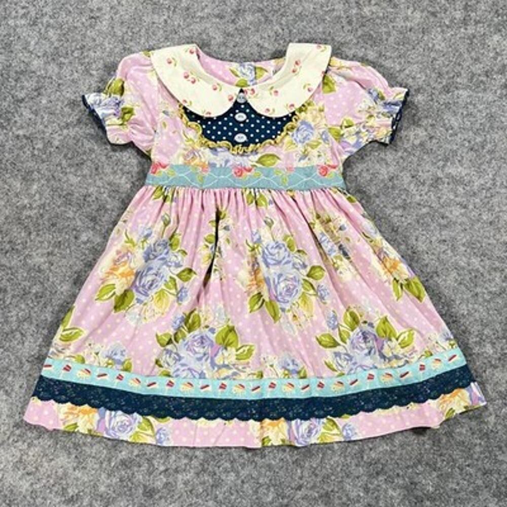 Matilda Jane Dress Girls 4 Pink Floral Collared Puff Sleeve Belted Lace